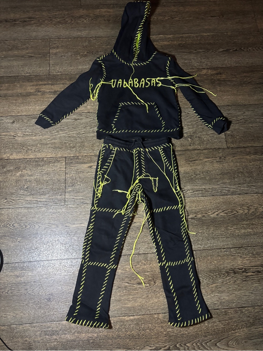 Kids Black Hoodie & Jogger Set with Neon Yellow Stitching - Unbranded
